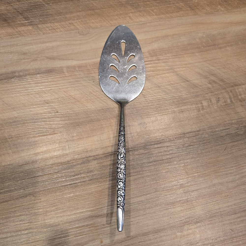 National Stainless Rio Vista Pie Server Silver Floral Rose Slotted Japan Vintage
